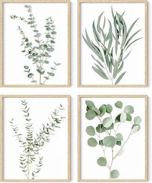 HAUS AND HUES Botanical Plant Wall Art - Set of 4 Prints, Floral Kitchen Decor, Boho Leaf Eucalyptus Wall Art, Green Botanical Poster (Beige Frame, 11x14)