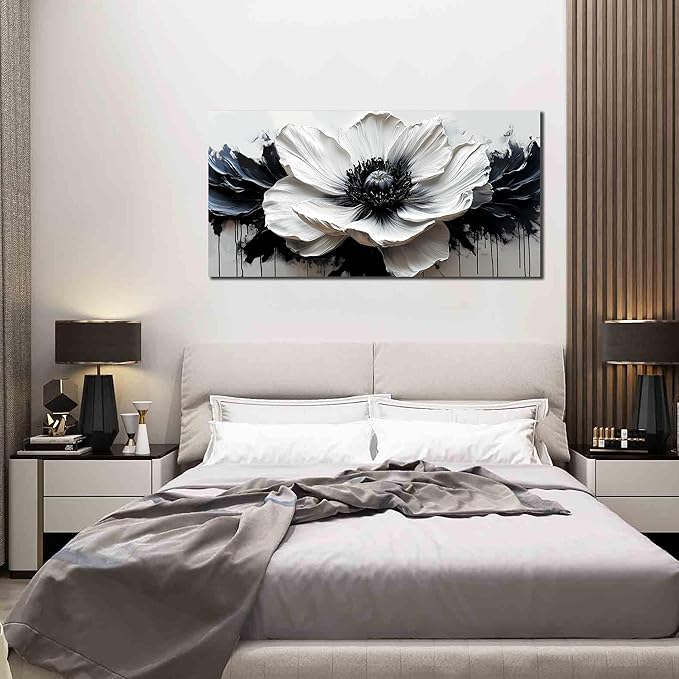HUBOSKN Flower Canvas Wall Decor Living Room - Black and White Pictures Wall Art for Bedroom Women - Fashion Art Wall Decor Office Size 24" x 48"