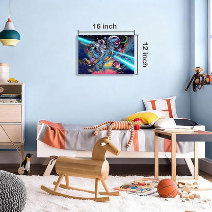 12x16 Space Astronaut Dinosour Star Wars Canvas Picture Wall Art Watercolor Framed Prints Teen Boy T-Rax in Galaxy Cosmic Home Decor Painting Kids Bedroom Painting Child Room Funny Poster Kids Bathroom Photo