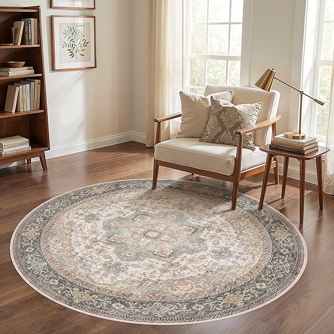 EIEIHOUSE 6ft Round Rugs for Living Room - Washable Neutral Vintage Farmhouse Large Soft Floor Area Rug Indoor Distressed Carpet for Bedroom Dining Room Office - Forest Green Orange