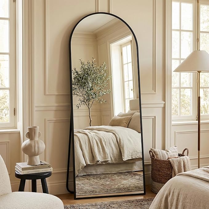 Suidia 65"x22" Arched Full Length Mirror with Stand, Full Body Mirror with Aluminum Frame, Freestanding/Leaning/Wall-Mounted, Floor Mirrors for Bedroom, Living Room, Entryway, Dressing Room, Black