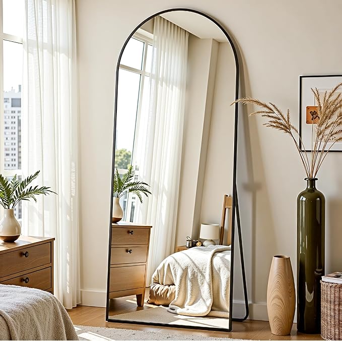 Arched Full Length Mirror 69 x 28 Inch, Full Body Mirror with Stand, Standing Hanging or Leaning Against Wall, Metal Frame Floor Mirror for Bedroom, Living Room, Cloakroom,Black