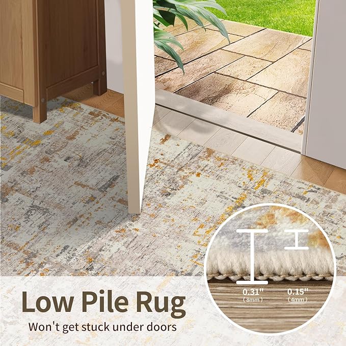 5x7 Area Rugs for Bedroom Living Room,Non-Slip Washable Modern Neutral Abstract Rugs for Dining Room, Foldable Thin Indoor Carpet Stain Resistant(Beige Gold)