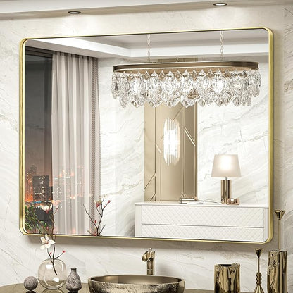 TokeShimi 48x36 Inch Brushed Gold Bathroom Vanity Mirror for Wall with Non-Rusting Aluminum Alloy Metal Frame Rounded Corner for Farmhouse Modern Home Decor (Horizontal/Vertical)
