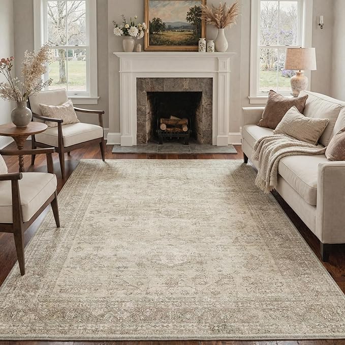 GENIMO 5FT Round Area Rugs for Living Room, Circle Rugs Machine Washable Low Pile, Chenille Non Slip Vintage Rug for Bedroom, Dining Room, Home Office, Ivory