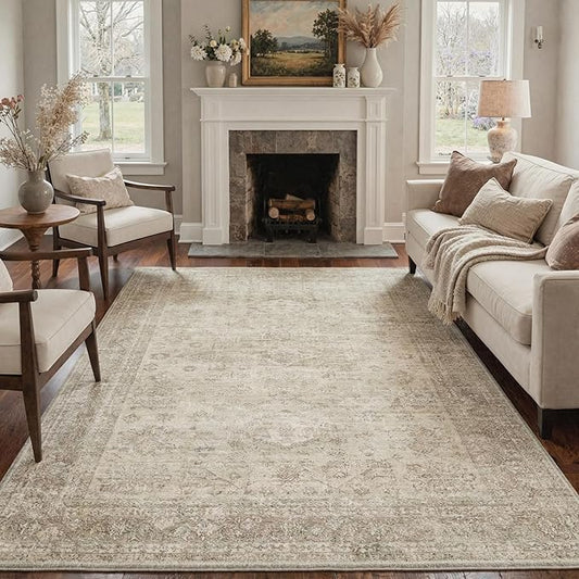 GENIMO 8x10 Area Rugs for Living Room, Machine Washable Non Slip Vintage Rugs, Low Pile Lightweight Chenille Print Rug for Bedroom, Dining Room, Home Office, Ivory