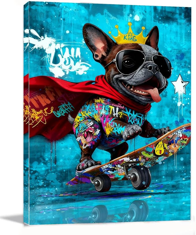 12x16 inch Graffiti French Bulldog Canvas Wall Art - Cool Skateboard Dog Poster with King Crown & Sunglasses, Pop Art Prints Street Style Framed Painting, Modern Colorful Animal Wall Decor for Bedroom Living Room