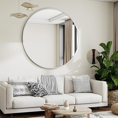 VooBang Black Round Bathroom Mirror, 42 inch Large Circle Wall Mounted Hanging Mirror with Simple Modern Circular Metal Frame for Hallway, Entryway, Living Room, Silver Frame