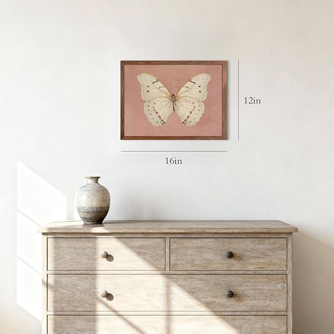 Vintage Butterfly Canvas Wall Art, Pink Butterfly Wall Decor Pictures, Antique White Moth Prints Paintings Neutral Insect Room Decor Aesthetic for Bedroom Bathroom Office 12x16 Inch Wood Frame