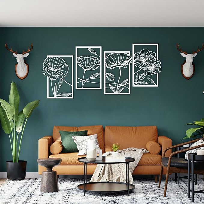 ESTART 4 Pieces Metal Lotus Wall Decor Abstract Floral Aesthetic Splicing Line Art Minimalist Wall Decor for Bedroom Flowers Hanging Wall Sculpture for Living Room Kitchen Office and Yoga Room (White)