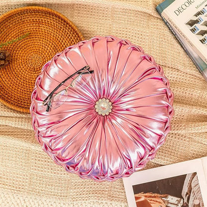 Round Throw Pillows, Soft Spandex Fabric Pumpkin Pleated Handmade Metallic Decorative Throw Pillows Floor Pillows Cushion for Sofa Couch Bedroom Living Room Chair, Pink