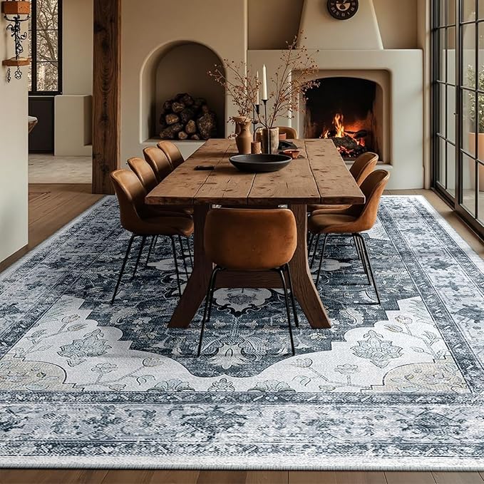 RELEANY Area Rugs 10'x12' Washable Non-Slip, Floral Vintage Distress Print Pattern Medallion Carpet for Living Room Bedroom Dining Room, Light Gray Grey White