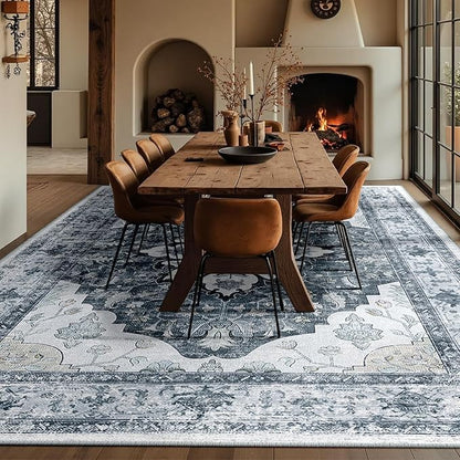 RELEANY Area Rugs 10'x12' Washable Non-Slip, Floral Vintage Distress Print Pattern Medallion Carpet for Living Room Bedroom Dining Room, Light Gray Grey White