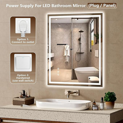 30x36 Inch LED Lighted Bathroom Mirror - Anti-Fog Vanity Mirror with Dimmable Front & Backlit, 3 Color Temp, Smart Memory - Shatterproof HD Glass, IP54 Waterproof Wall Mounted for Makeup Shaving