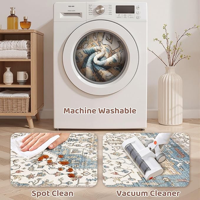 2x3 Washable Entryway Rug: Non-Slip Soft Small Indoor Area Rug for Bedroom Kitchen, Low Pile Stain-Resistant Durable Vintage Floral Carpet for Porch Laundry Kids Room Home Decor (Blue)