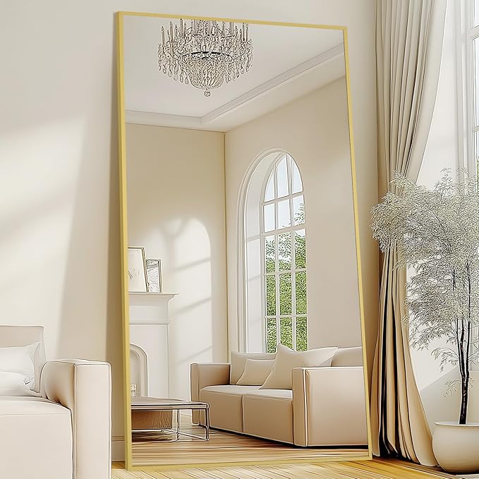 82"X44" Full Length Mirror with Stand, Oversized Floor Mirror Full Length, Tempered Glass Extra Large Free Standing Mirror for Gym Bedroom Living Room Clothing Store, Aluminum Alloy Frame, Gold