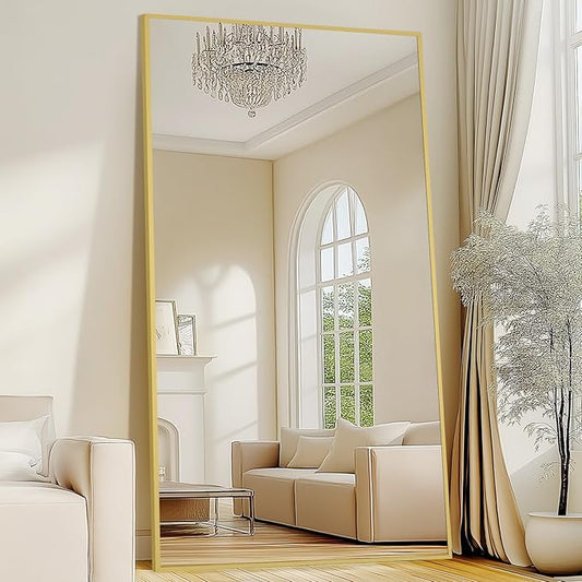 82"X44" Full Length Mirror with Stand, Oversized Floor Mirror Full Length, Tempered Glass Extra Large Free Standing Mirror for Gym Bedroom Living Room Clothing Store, Aluminum Alloy Frame, Gold