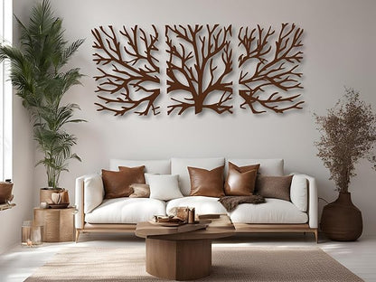 Vailla Tree Wall Art Set of 3 Decor Tree of Life Wall Hanging Wooden Sculpture Modern Wall Home Decoration 3D Textured Sculptures for Living Room Bedroom Office Dinnig Room 3 Panels Family Tree