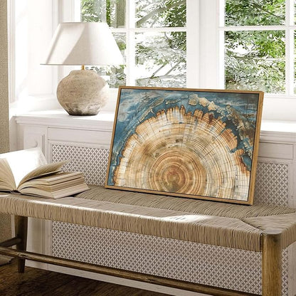 BingruiArt Framed Tree Ring Canvas Wall Art Abstract Wood Wall Decor Boho Modern Colorful Nature Painting Wood Stump Prints Pictures for Living Room Bedroom Bathroom Office 16"x24" Natural Framed(08)