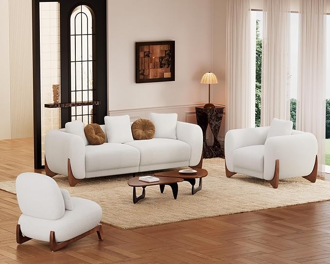 Morden Fort Sherpa Boucle Couch Armchair Single, Modern Sofa Upholstered Deep Chair with Soft Throw Pillow Skin-Friendly Minimalist Accent Chair Compatible with Sofa Set Couch for Living Room, White