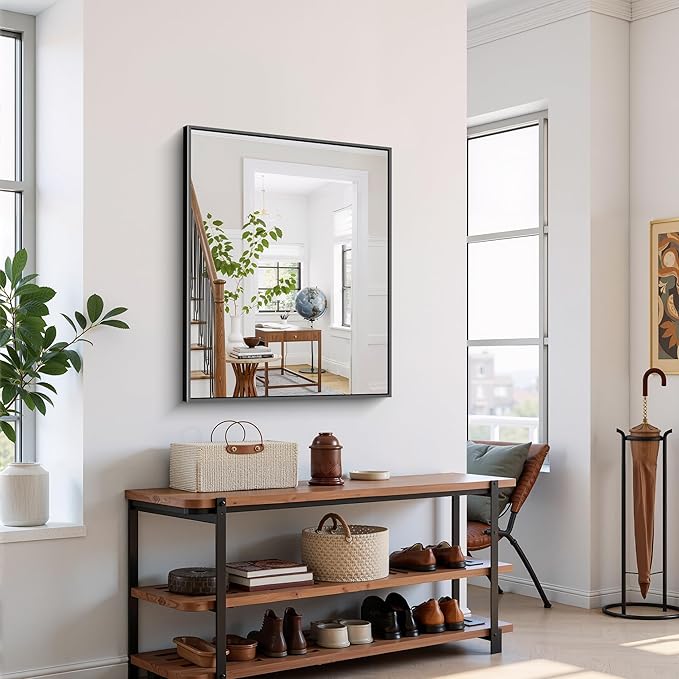 YIROMAN Bathroom Mirror 30"x36", Matte Black Bathroom Mirror for Over Sink with Aluminum Frame, Rectangular Vanity Mirror with Right Angle, Wall Mirror Hangs Horizontal or Vertical, Shatterproof
