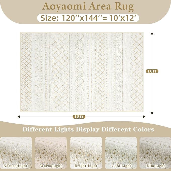 Area Rug for Living Room 10x12: Large Washable Boho Moroccan Rugs Geometric Neutral Rug, Non-Slip Foldable Morden Farmhouse Indoor Floor Carpet for Bedroom Dining Room Home Office（Beige,10'x12'）
