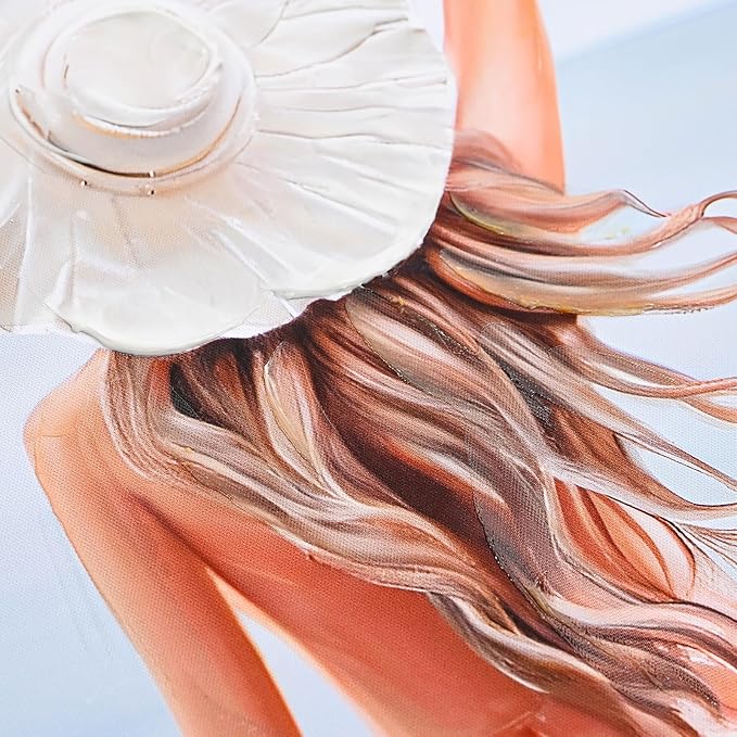 Poemwish Canvas Wall Art, Wall Art for Living Room, Woman in Pink Dress at Beach Bathroom Decor, White Hat Ocean View Scene, Coastal Decor with Reeds