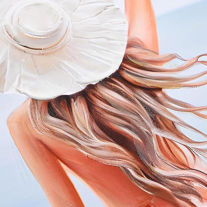 Poemwish Canvas Wall Art, Wall Art for Living Room, Woman in Pink Dress at Beach Bathroom Decor, White Hat Ocean View Scene, Coastal Decor with Reeds