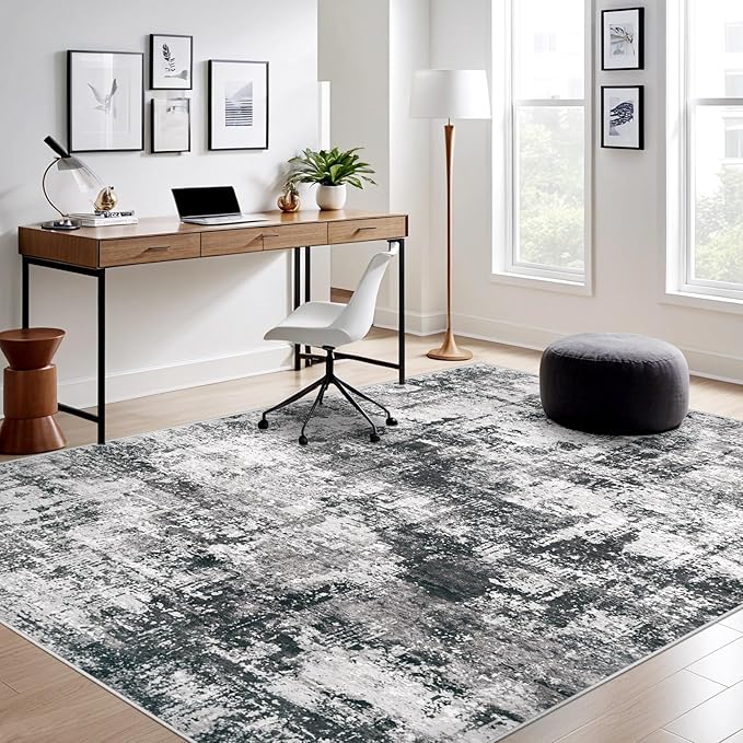 5x7 Area Rug for Living Room: Washable Abstract Soft Rugs Non Slip Modern Stain Resistant Low Pile Carpet for Dining Room Bedroom Nursery Office (Black Grey, 5'x7')