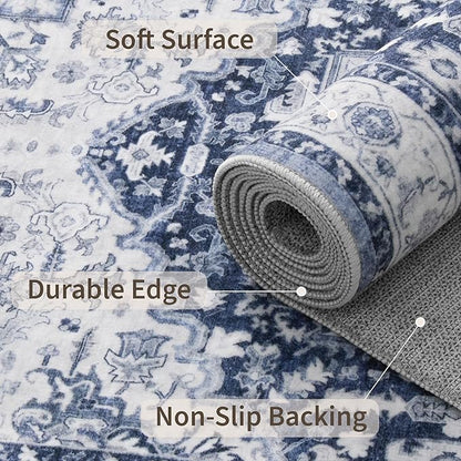 Washable Runner Rug 2.6x10- Non Slip Vintage Hallway Runner Rugs for Kitchen, Stain Resistant Long Carpet for Living Room Entryway Bedroom Laundry Navy/Blue