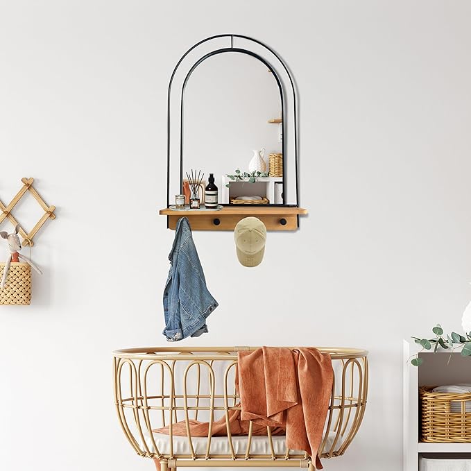 BAODANFU Wall Mirror with Foldable Wood Shelf, Black Bathroom Mirror with 4 Metal Hooks, 20x30 inches Arch Makeup Vanity Mirrors Decorative for Entryway, Bedroom, Dressing Room