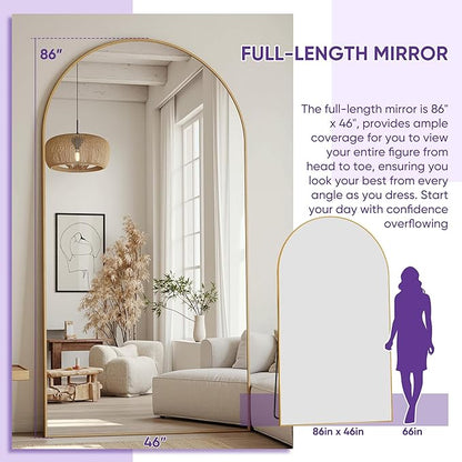Full Length Mirror, 86"x46" Arched Floor Mirror Freestanding, Floor Standing Full Body Mirror with Stand for Bedroom, Hanging Mounted for Living Room Cloakroom, Gold