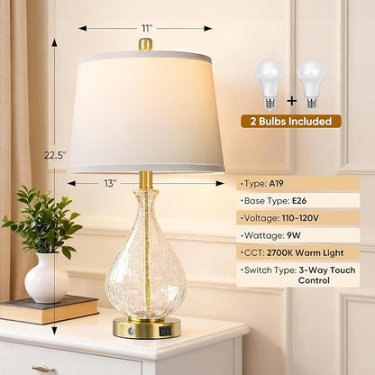 QiMH Glass Table Lamps for Living Room, Bedside Lamps Set of 2 with USB A+C Charging Ports, 3 Way Dimmable Touch Lamps for Nightstand, 22.5" Modern Table Lamp for Bedroom Office,Gold(Bulb Included)