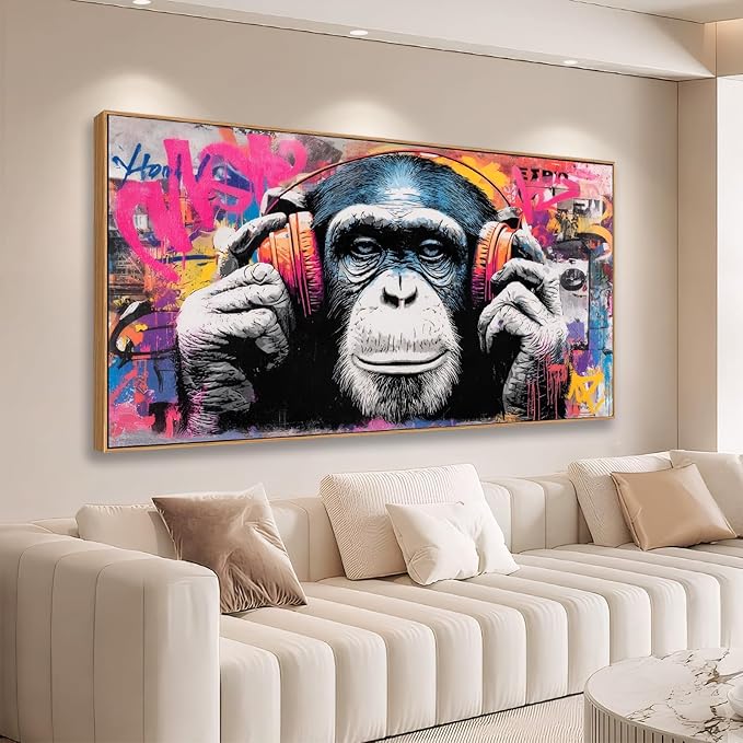 Sorbrozo Colorful Gorilla with Headphones - Street Graffiti Wall Art Print DJ Music Animal Canvas Painting Urban Wall Decor for Boys Room 20x40in