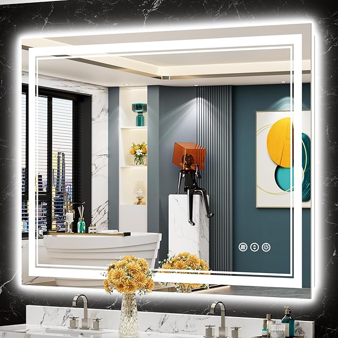 48x36 LED Bathroom Mirror with Lights, Backlit and Front Lit Anti-Fog Lighted Vanity Mirrors for Bathroom Wall, Dimmable, 3-Color Light, Memory, Shatter-Proof, HD Tempered Glass, CRI＞90