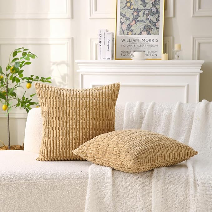 2 Pack Corduroy Decorative Throw Pillow with Inserts, 18x18 Inch Soft Boho Throw Pillow, Square Striped Throw Pillows for Couch, Bed, Sofa Decor (Golden Brown)