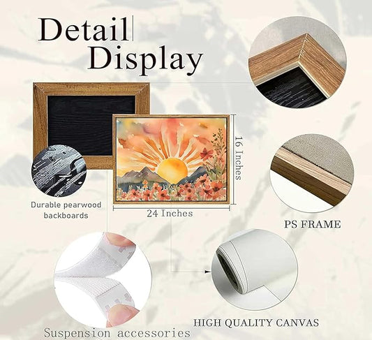 Framed Boho Sun Canvas Wall art Mid-Century Modern Abstract Bohemian Sunset in The Mountains Watercolor Wildflowers Sunrise Landscape Picture Wall Decor Poster Print Artwork for Living Room
