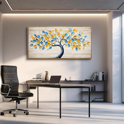 Wapluam Tree Of Life Wall Art,Canvas Wall Art For Living Room,Yellow And Blue Tree Abstract Canvas Painting Art Prints,Nature Modern Pictures Wall Decor For Bedroom Bathroom Dining Room Office 20"X40"