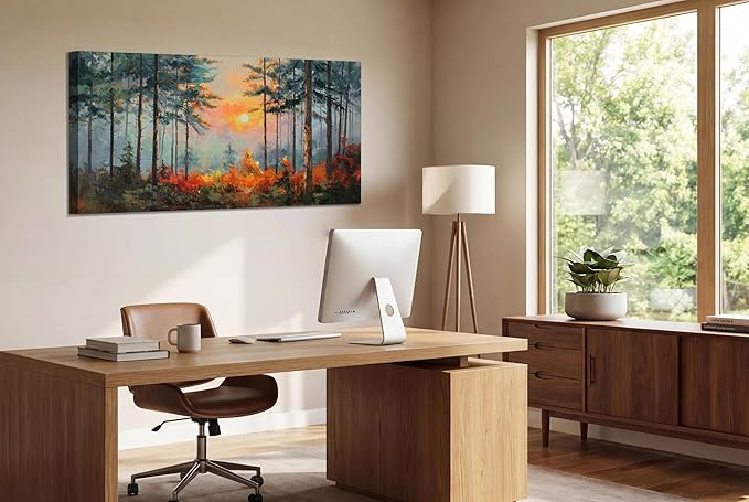Ardemy Sunset Pines Wall Art Hand-Painted Texture Forest Canvas Painting Sunrise Picture 40"x20" Large Nature Artwork for Living Room Bedroom Office Farmhouse Decor