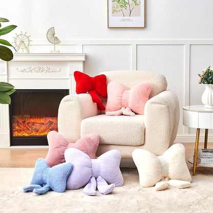 Hot Pink Bow Pillow,12'' Bow Decorative Pillows with Faux Rabbit Fur,Soft Bow Throw Pillows Aesthetic Bow Shaped Pillow for Bed Sofa Couch Home Decor