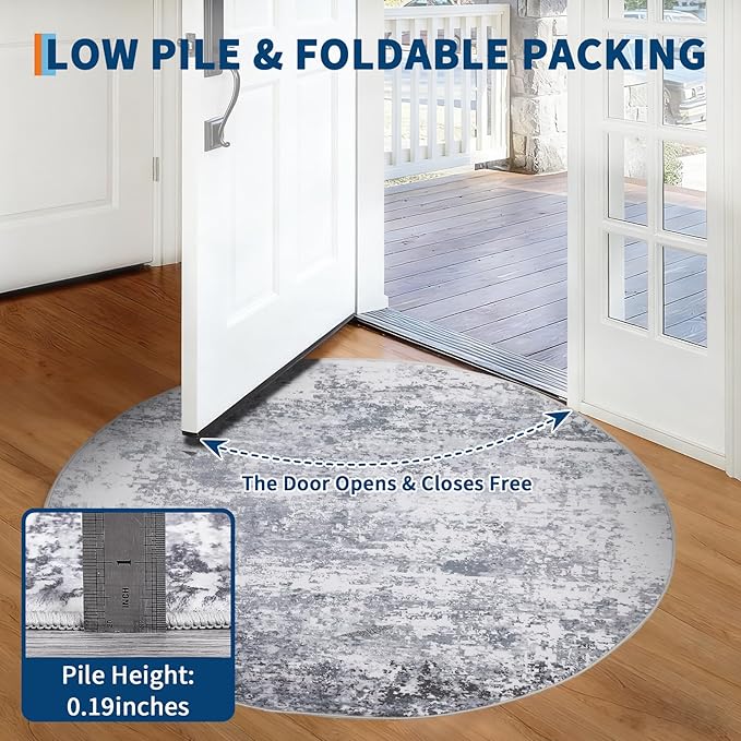 ROYHOME Modern Abstract 8x8 Round Area Rug Non Slip Non Shedding Rug Low Pile Stain Resistant for Bedroom Living Room Office Dining Room,Light Grey