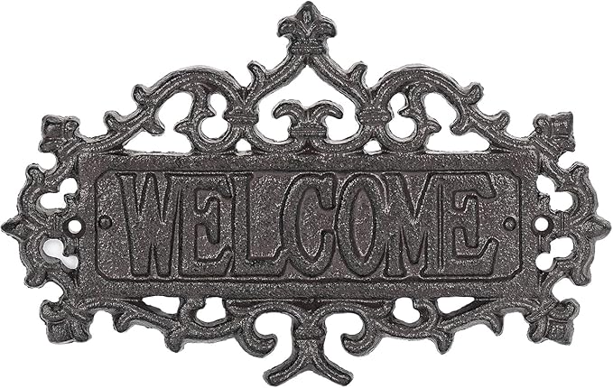 Sungmor Cast Iron Welcome Sign – Vintage Style Decorative Wall Plaque – Ornate Scroll Design for Porch, Entryway, Garden or Fence – Outdoor Wall Hanging Sign, Rustic Metal Home Decor