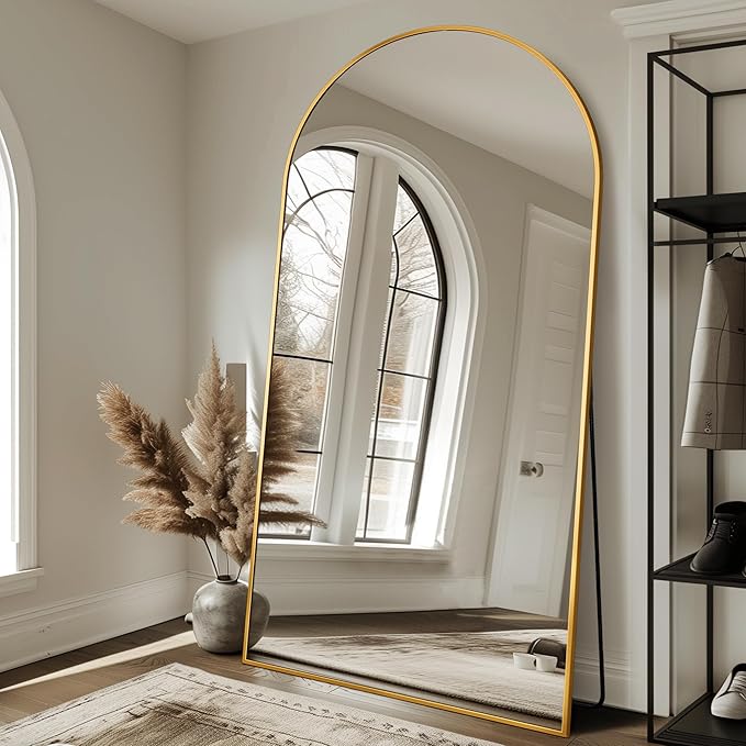 Antok Oversized Full Length Mirror with Stand, 83"x44" Arched Floor Mirror, Aluminum Frame, Wall Mounted/Leaning/Free Standing, Large Body Mirror for Bedroom Living Room Entryway Dressing Room,Gold