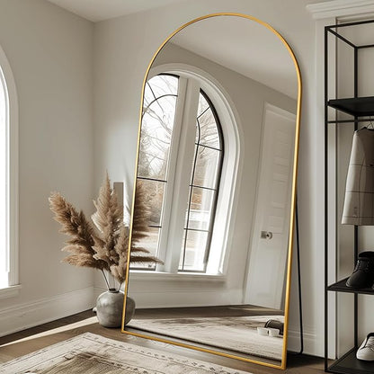 Antok Oversized Full Length Mirror with Stand, 83"x44" Arched Floor Mirror, Aluminum Frame, Wall Mounted/Leaning/Free Standing, Large Body Mirror for Bedroom Living Room Entryway Dressing Room,Gold