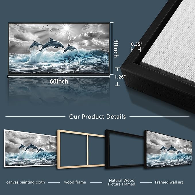 hyidecorart Black Framed Wall Art For Living Room Large Wall Decoration For Bedroom Modern Home Decor Office Canvas Art Print Artwork Dolphins Seascape Wall Paintings Blue wave Pictures 30X60