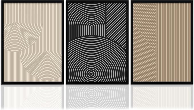 FWAHREN Framed Modern Abstract Minimalist Neutral Canvas Wall Art, Geometric Textured Line Mid Century Prints Artwork, Contemporary Japandi Wall Decor, Living Room Bedroom Office, Set of 3, 12x16in