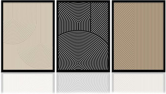 FWAHREN Framed Modern Abstract Minimalist Neutral Canvas Wall Art, Geometric Textured Line Mid Century Prints Artwork, Contemporary Japandi Wall Decor, Living Room Bedroom Office, Set of 3, 12x16in