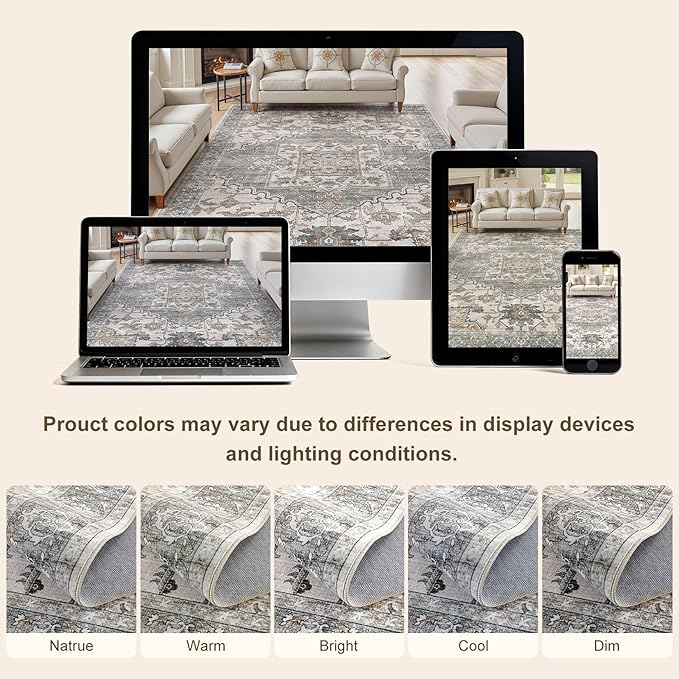 8x11 Washable Area Rugs for Living Room: Non Slip Vintage Gray Brown Rug, Large Soft Stain Resistant Indoor Floor Carpets for Bedroom Dining Room Nursery Home Office Kid & Pet Friendly