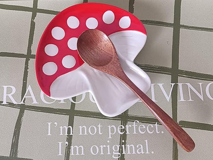 Ceramic Spoon Rest for Stove Top & Kitchen Counter Spoon Holder for Stove & Cooking Spoon Holder for Ladle Cute Spoon & Utensil Rest Tong Spatula Rest, Mushroom Kitchen Decor & Accessories (Red)