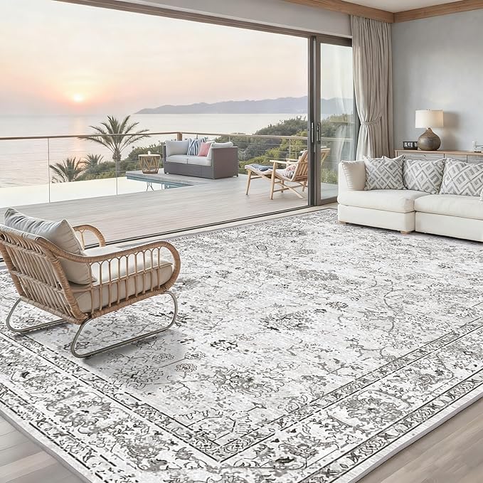 Grey White Area Rugs 10x14 for Living Room, Non Slip Machine Washable Floral Rugs, Low Pile Lightweight Large Rug for Bedroom, Dining Room, Home Office